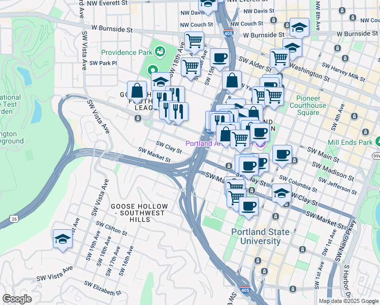 map of restaurants, bars, coffee shops, grocery stores, and more near 1429 Southwest 14th Avenue in Portland