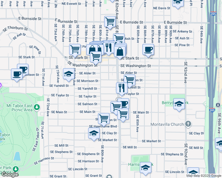 map of restaurants, bars, coffee shops, grocery stores, and more near 8112 Southeast Yamhill Street in Portland