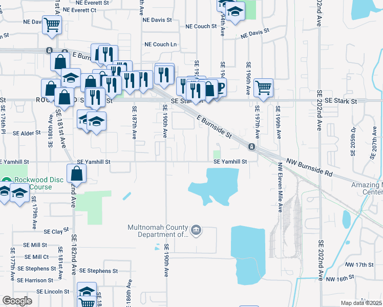 map of restaurants, bars, coffee shops, grocery stores, and more near 19109 Southeast Yamhill Street in Portland