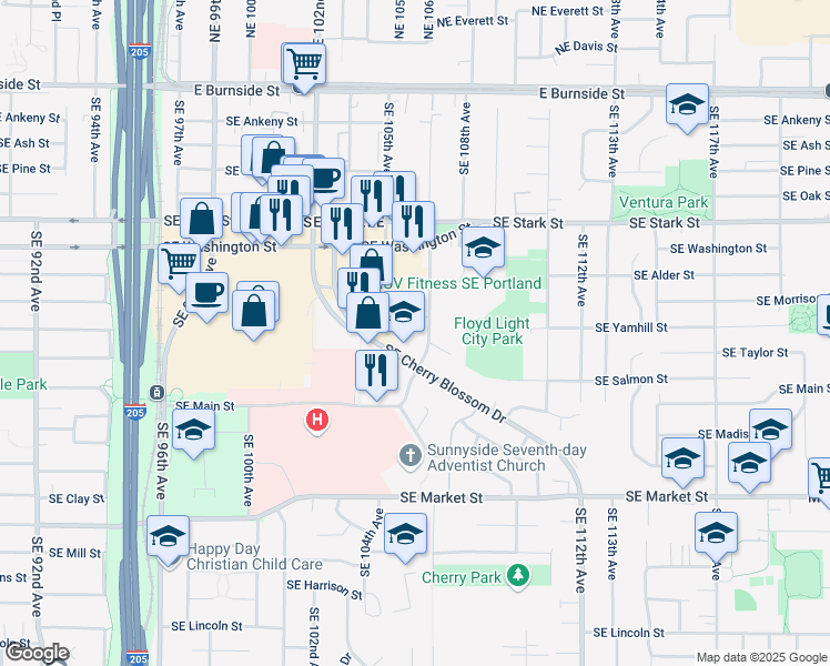 map of restaurants, bars, coffee shops, grocery stores, and more near 849-1031 Southeast 106th Avenue in Portland