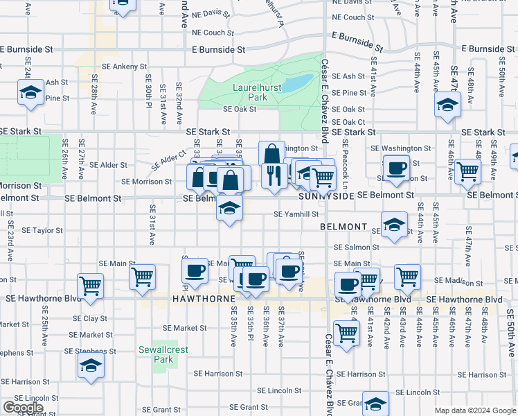 map of restaurants, bars, coffee shops, grocery stores, and more near 3631 Southeast Yamhill Street in Portland