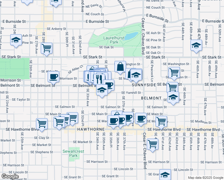 map of restaurants, bars, coffee shops, grocery stores, and more near 928 Southeast 35th Avenue in Portland