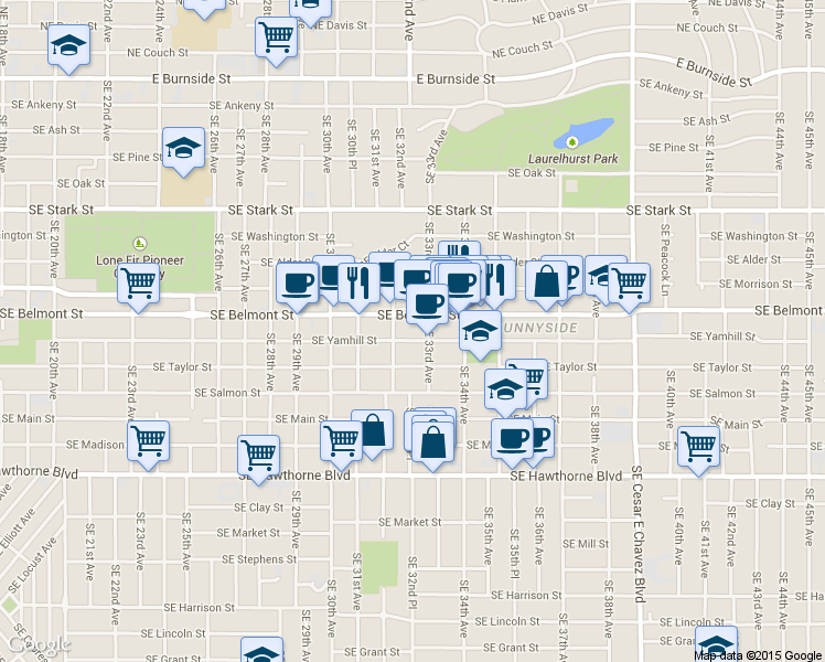 map of restaurants, bars, coffee shops, grocery stores, and more near 925 Southeast 33rd Avenue in Portland