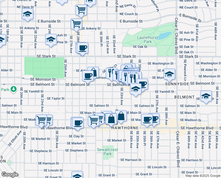 map of restaurants, bars, coffee shops, grocery stores, and more near 931 Southeast 32nd Avenue in Portland