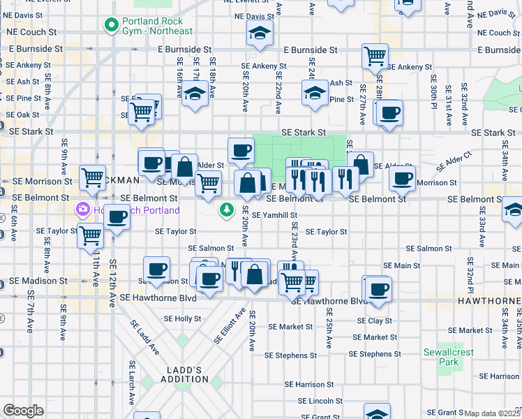 map of restaurants, bars, coffee shops, grocery stores, and more near 2045 Southeast Yamhill Street in Portland