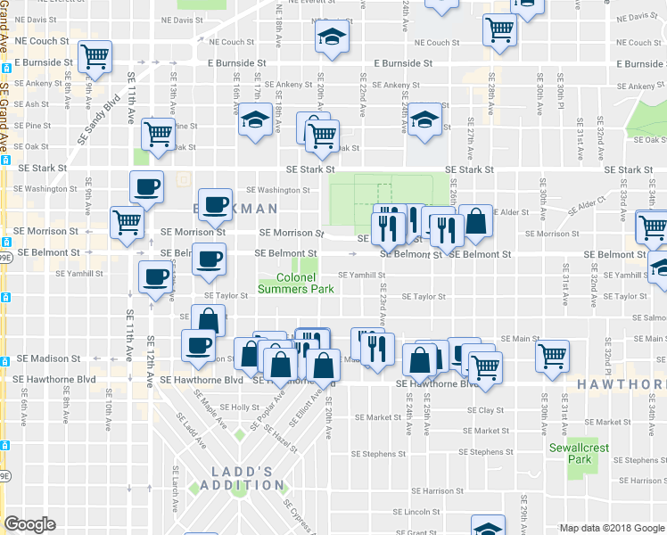 map of restaurants, bars, coffee shops, grocery stores, and more near 2045 Southeast Yamhill Street in Portland