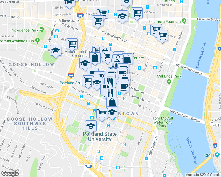 map of restaurants, bars, coffee shops, grocery stores, and more near 716 Southwest Madison Street in Portland