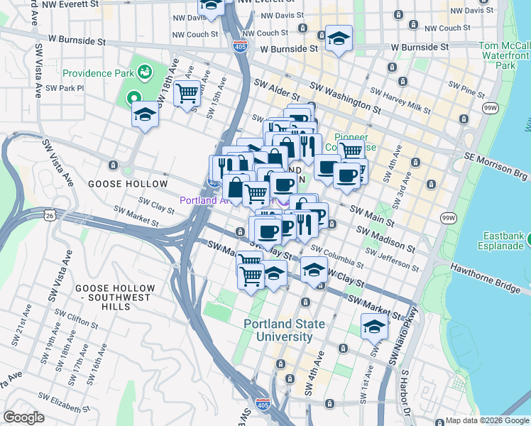 map of restaurants, bars, coffee shops, grocery stores, and more near in Portland