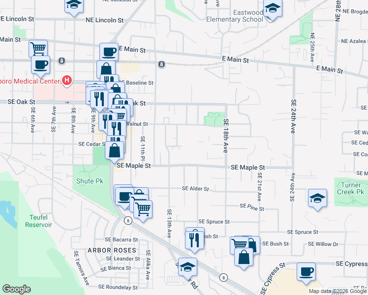 map of restaurants, bars, coffee shops, grocery stores, and more near 1535 Southeast Maple Street in Hillsboro
