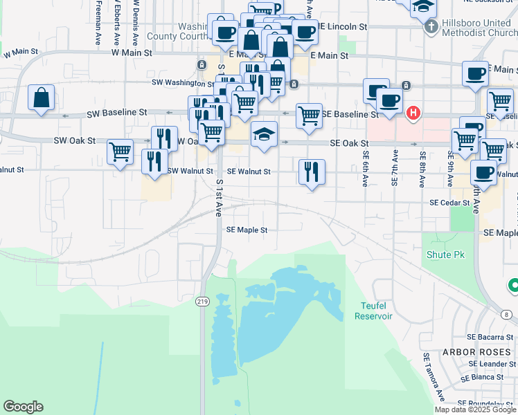 map of restaurants, bars, coffee shops, grocery stores, and more near 634 Southeast 2nd Avenue in Hillsboro