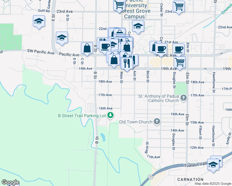 map of restaurants, bars, coffee shops, grocery stores, and more near 1706 Main Street in Forest Grove