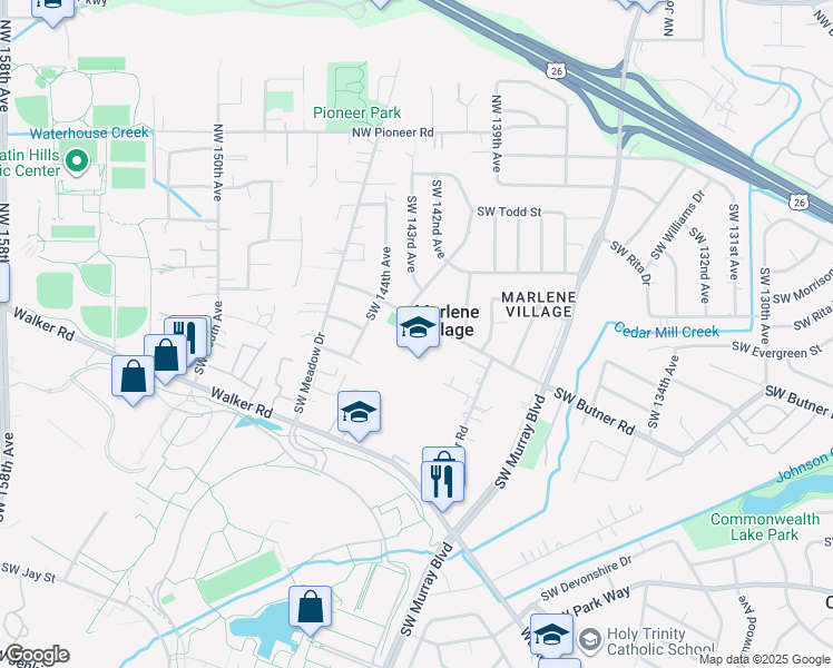 map of restaurants, bars, coffee shops, grocery stores, and more near 14100 Southwest Downing Street in Beaverton