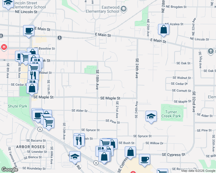 map of restaurants, bars, coffee shops, grocery stores, and more near 610 Southeast 18th Avenue in Hillsboro