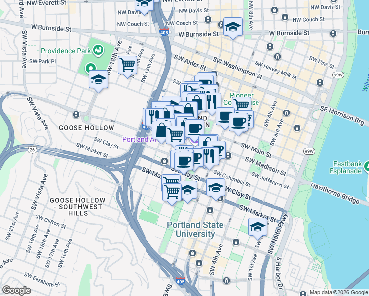 map of restaurants, bars, coffee shops, grocery stores, and more near SW Jefferson St & SW 10th Ave in Portland