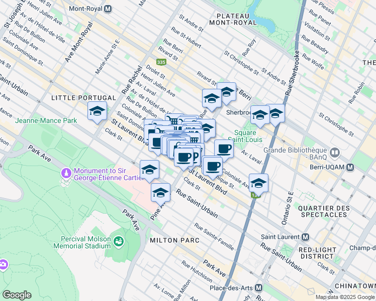 map of restaurants, bars, coffee shops, grocery stores, and more near 3780 Avenue Coloniale in Montréal