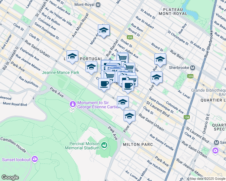 map of restaurants, bars, coffee shops, grocery stores, and more near 3960 Rue Clark in Montréal