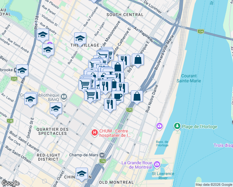 map of restaurants, bars, coffee shops, grocery stores, and more near 1050 Boulevard René-Lévesque Est in Montréal
