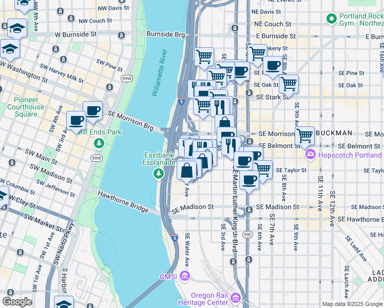 map of restaurants, bars, coffee shops, grocery stores, and more near 51 Southeast Yamhill Street in Portland