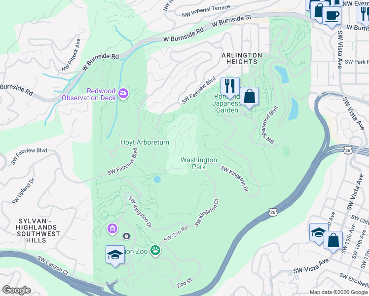 map of restaurants, bars, coffee shops, grocery stores, and more near 3260 Southwest Evergreen Terrace in Portland