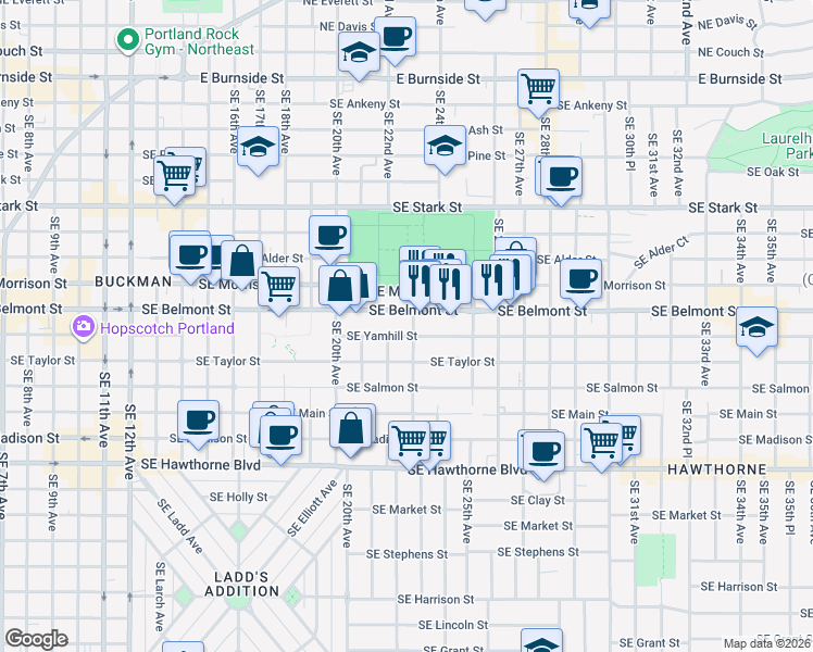 map of restaurants, bars, coffee shops, grocery stores, and more near 923 Southeast 23rd Avenue in Portland