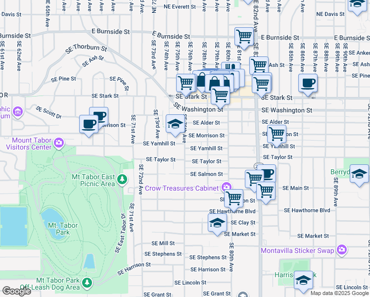 map of restaurants, bars, coffee shops, grocery stores, and more near SE Yamhill St & SE 76th Ave in Portland
