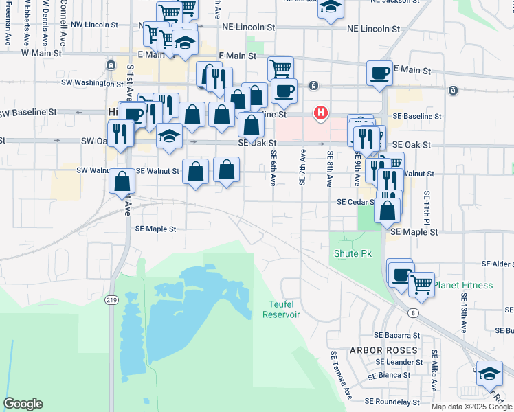 map of restaurants, bars, coffee shops, grocery stores, and more near 540 Southeast Cedar Street in Hillsboro