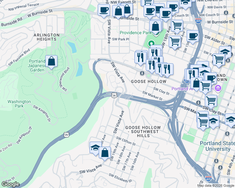 map of restaurants, bars, coffee shops, grocery stores, and more near 1776 Southwest Montgomery Drive in Portland