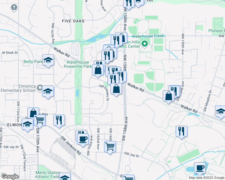 map of restaurants, bars, coffee shops, grocery stores, and more near 15930 Southwest Regatta Lane in Beaverton