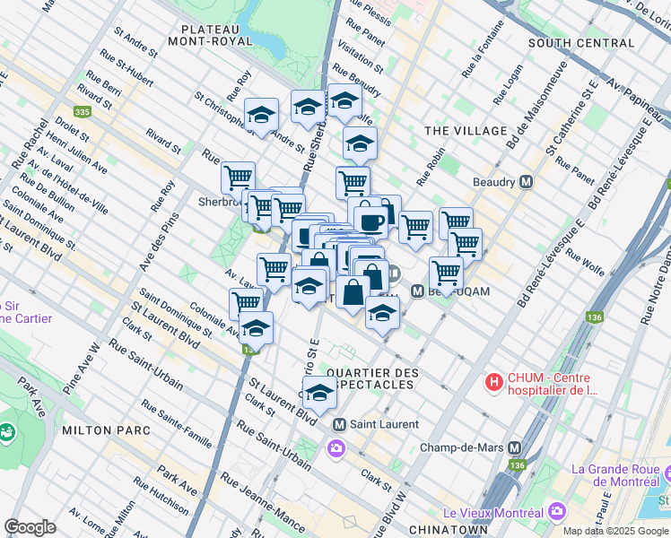 map of restaurants, bars, coffee shops, grocery stores, and more near 404 Rue Ontario Est in Montréal