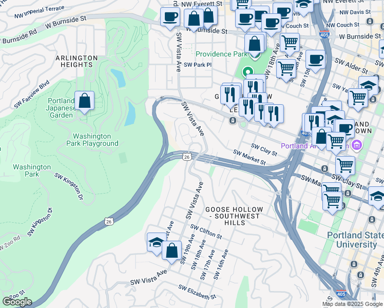 map of restaurants, bars, coffee shops, grocery stores, and more near 1776 Southwest Montgomery Drive in Portland