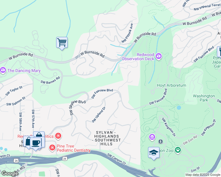 map of restaurants, bars, coffee shops, grocery stores, and more near 4543 Southwest Fairview Boulevard in Portland