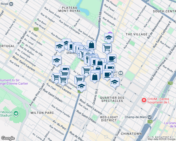 map of restaurants, bars, coffee shops, grocery stores, and more near 318 Rue Sherbrooke Est in Montréal