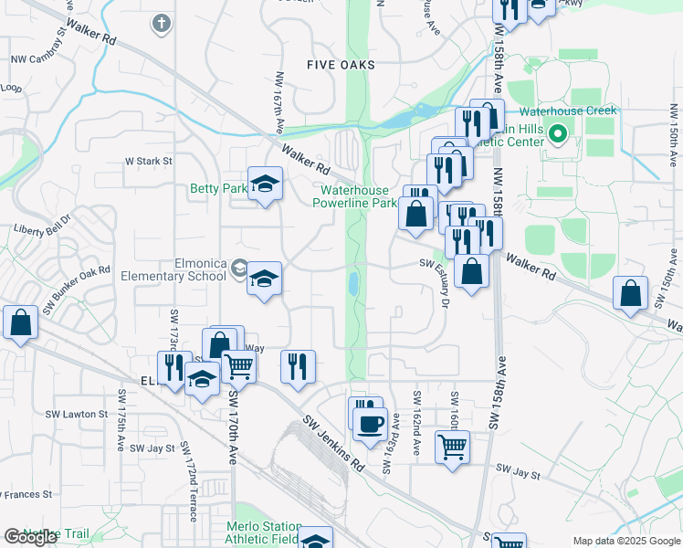 map of restaurants, bars, coffee shops, grocery stores, and more near 16510 Southwest Estuary Drive in Beaverton