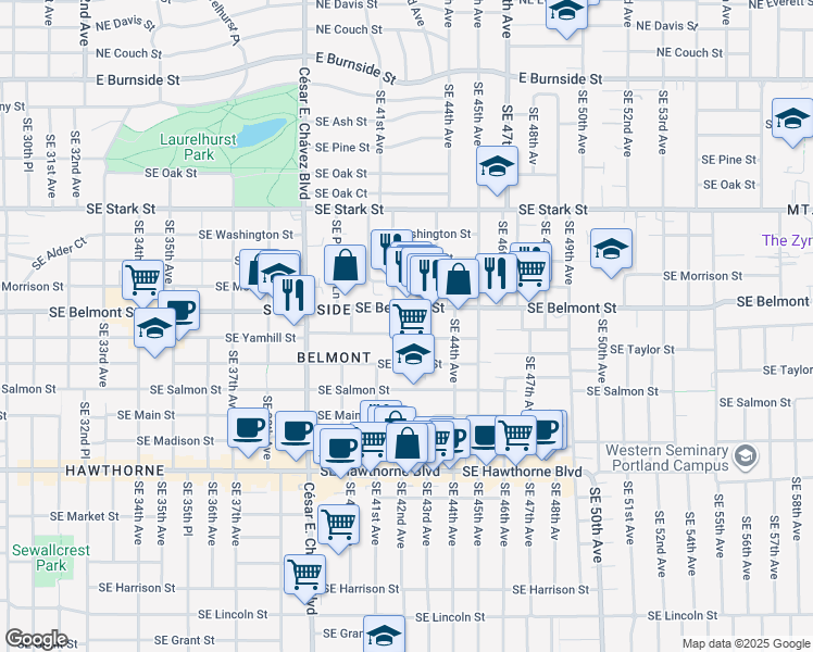 map of restaurants, bars, coffee shops, grocery stores, and more near 4215 Southeast Yamhill Street in Portland