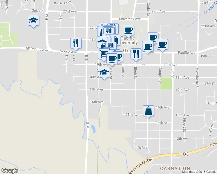 map of restaurants, bars, coffee shops, grocery stores, and more near 1706 Main Street in Forest Grove