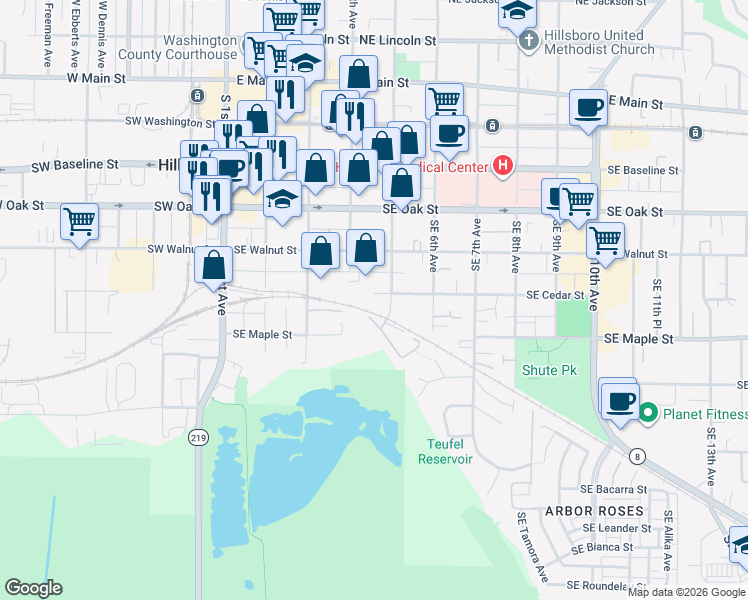 map of restaurants, bars, coffee shops, grocery stores, and more near 450 Southeast Cedar Street in Hillsboro
