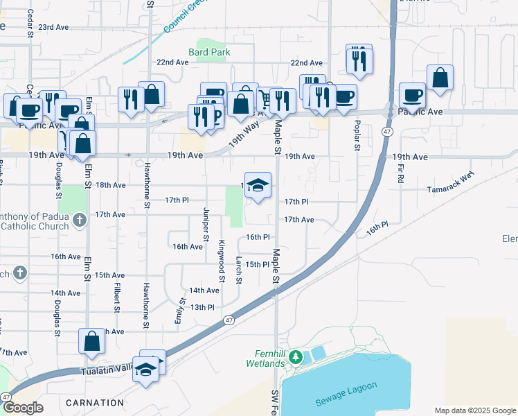map of restaurants, bars, coffee shops, grocery stores, and more near 3130 18th Avenue in Forest Grove