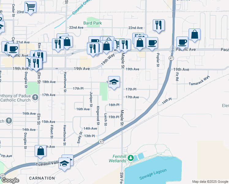 map of restaurants, bars, coffee shops, grocery stores, and more near 3130 18th Avenue in Forest Grove