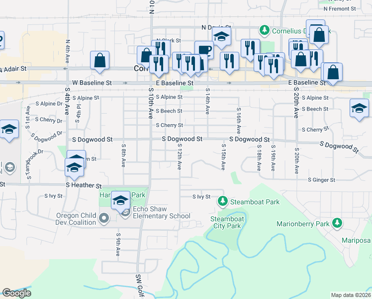 map of restaurants, bars, coffee shops, grocery stores, and more near 1232 South Elder Place in Cornelius