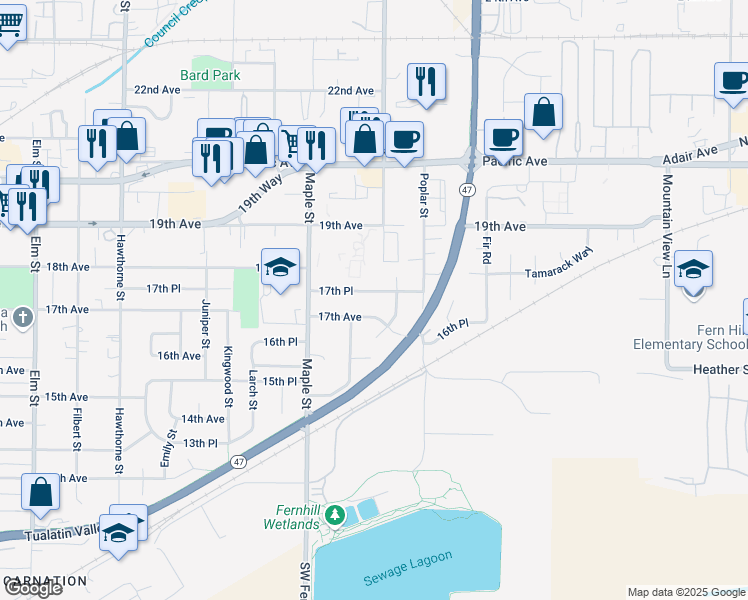 map of restaurants, bars, coffee shops, grocery stores, and more near 3332 17th Place in Forest Grove
