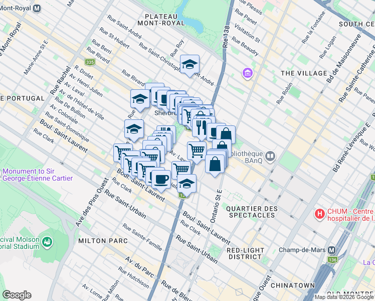 map of restaurants, bars, coffee shops, grocery stores, and more near 3422 Avenue Henri-Julien in Montréal