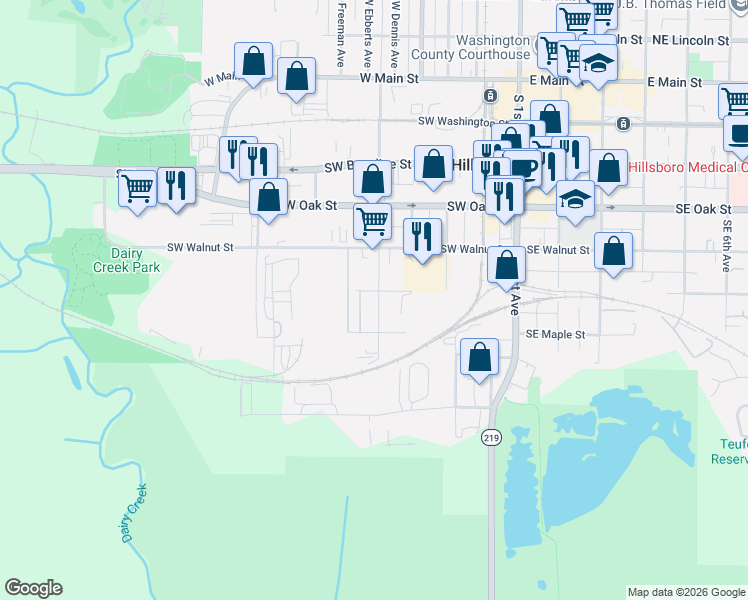 map of restaurants, bars, coffee shops, grocery stores, and more near 610 Southwest Dennis Avenue in Hillsboro