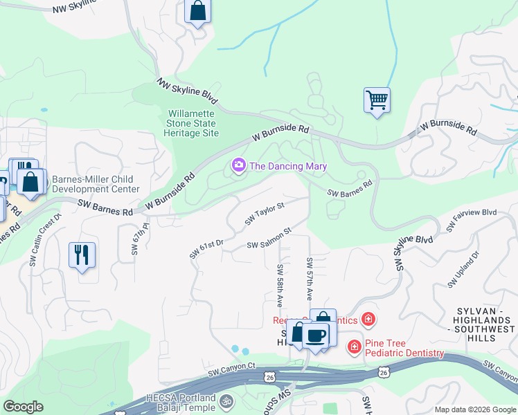 map of restaurants, bars, coffee shops, grocery stores, and more near 6025 Southwest Taylor Street in Portland