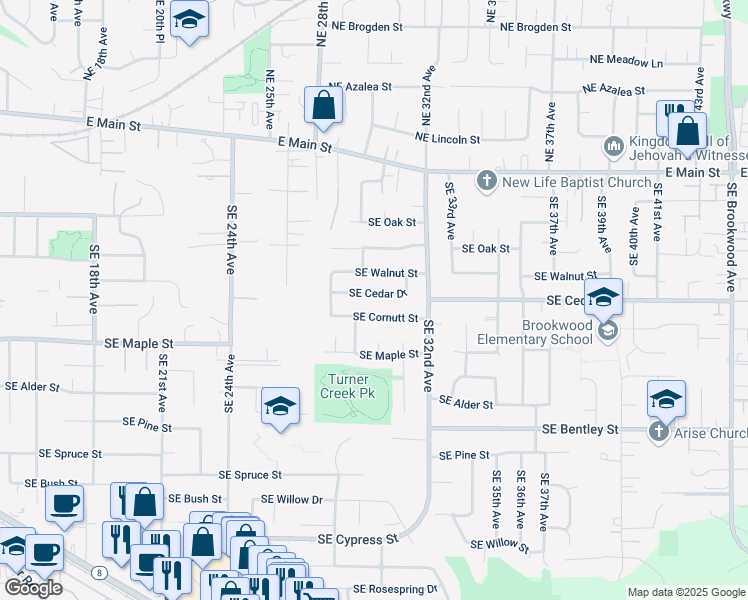 map of restaurants, bars, coffee shops, grocery stores, and more near 2940 Southeast Cedar Drive in Hillsboro