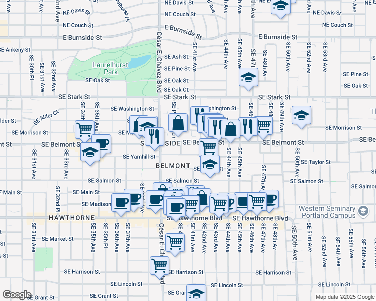 map of restaurants, bars, coffee shops, grocery stores, and more near 4023 Southeast Yamhill Street in Portland