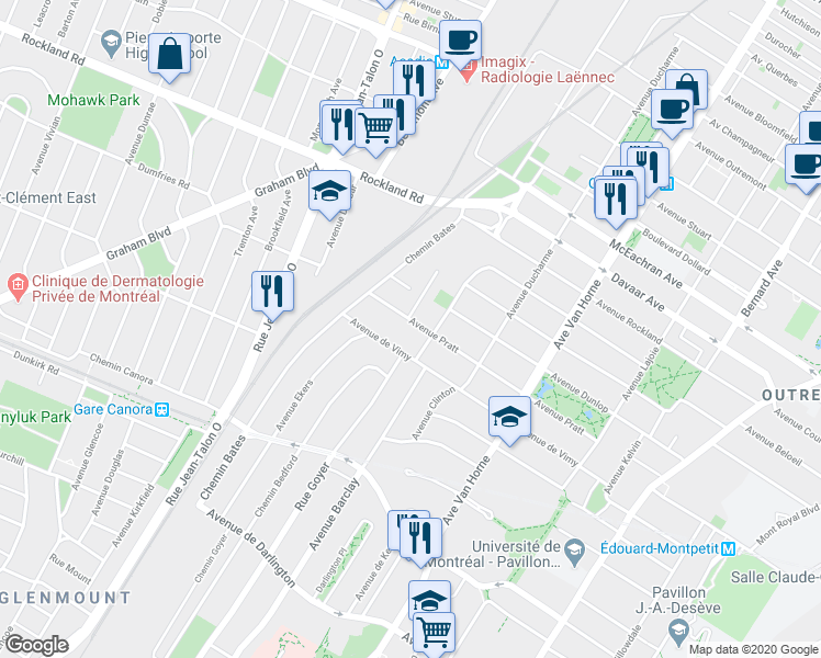 map of restaurants, bars, coffee shops, grocery stores, and more near 1054 Avenue Pratt in Montréal