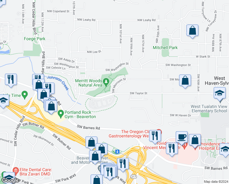 map of restaurants, bars, coffee shops, grocery stores, and more near 10198 Southwest Morrison Street in Portland