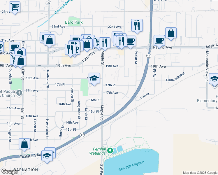 map of restaurants, bars, coffee shops, grocery stores, and more near 3234 17th Place in Forest Grove