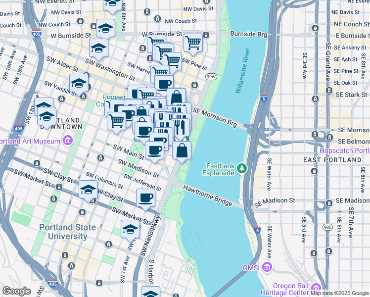 map of restaurants, bars, coffee shops, grocery stores, and more near 898 Southwest Naito Parkway in Portland
