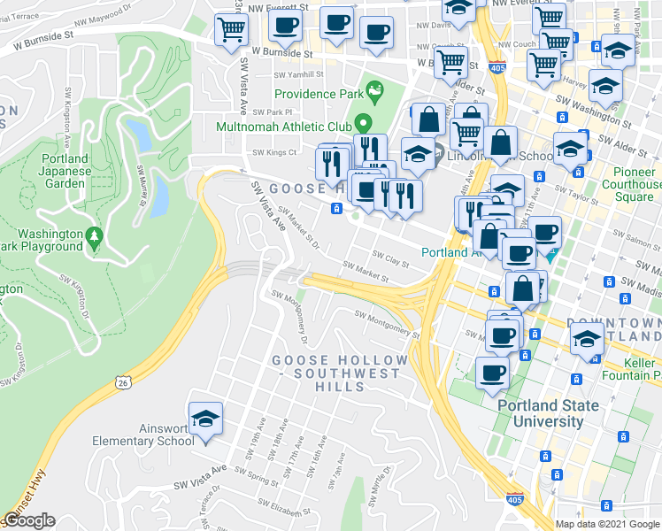 map of restaurants, bars, coffee shops, grocery stores, and more near 1824 Southwest Market Street in Portland